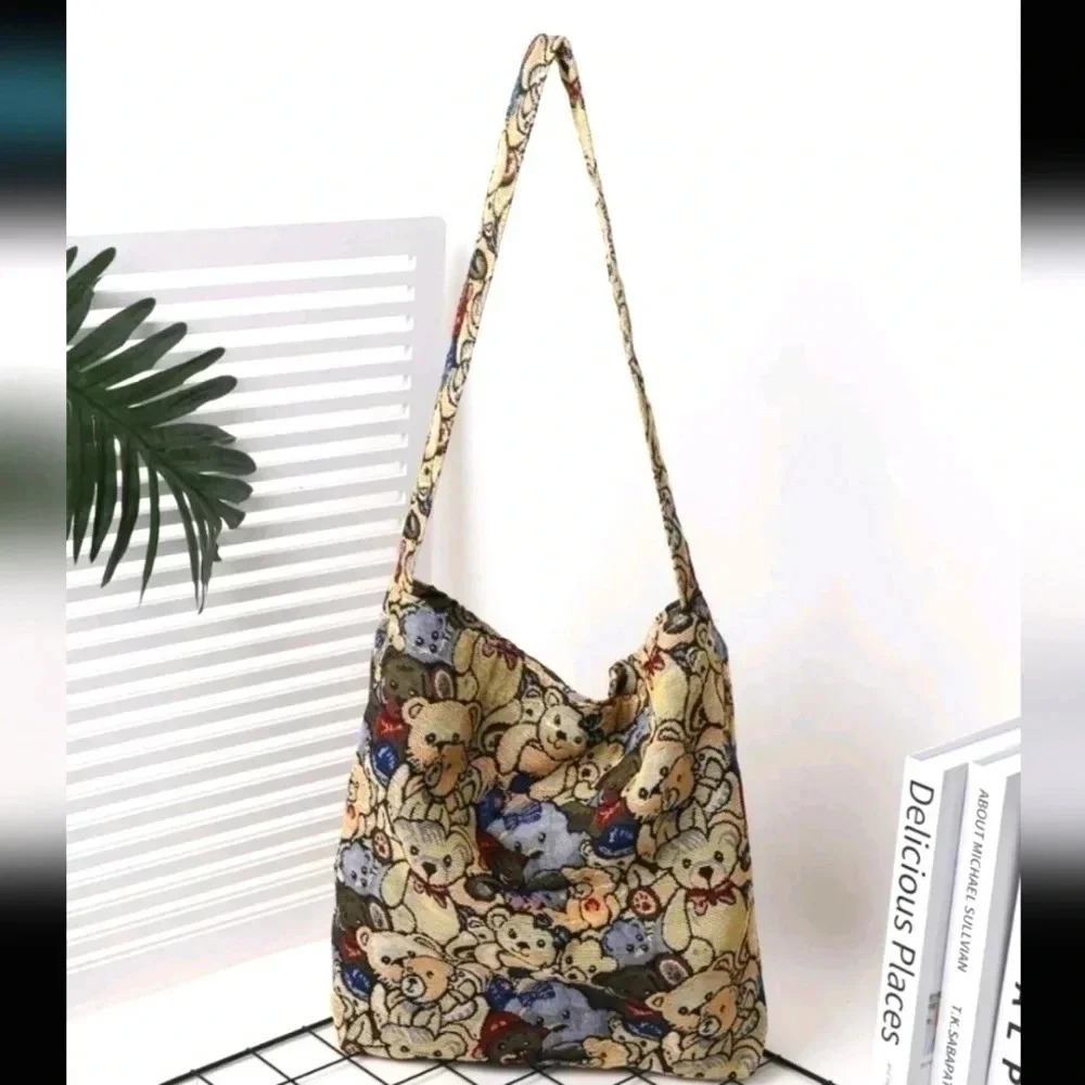 Cute bear print handbag purse satchel crossbody fabric long knit casual brown
